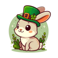 ai généré mignonne dessin animé lapin portant une vert chapeau et trèfle pour st patrick journée png