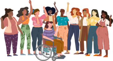 Illustration of a group diverse women, each with different body type and race. Women power, feminism, empowerment, diversity and body positive. png