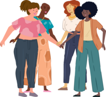 Illustration of a group diverse women, each with different body type and race. Women power, feminism, empowerment, diversity and body positive. png