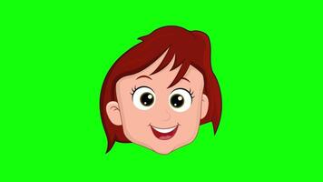 Cute little girl cartoon character face eye blink animation on green screen video