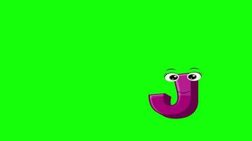 Cartoon style letter j 2d animation with green screen background, j alphabet dancing letters for little kids video