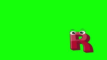 Cartoon style letter r 2d animation with green screen background, r alphabet dancing letters for little kids video