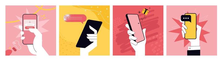 Hand holding and using mobile phone. Set of vector illustrations for graphic and web design of business, technology, marketing and social media banners and presentations, smartphone services and apps.