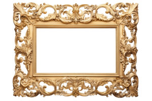 AI generated Golden wooden frame isolated on transparent background, Patterned and Vintage picture frame PNG format, old wide ornamental baroque picture frame