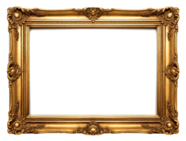 AI generated Golden wooden frame isolated on transparent background, Patterned and Vintage picture frame PNG format, old wide ornamental baroque picture frame