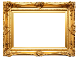 AI generated Golden wooden frame isolated on transparent background, Patterned and Vintage picture frame PNG format, old wide ornamental baroque picture frame