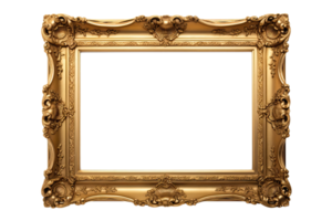 AI generated Golden wooden frame isolated on transparent background, Patterned and Vintage picture frame PNG format