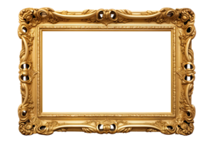 AI generated Golden wooden frame isolated on transparent background, Patterned and Vintage picture frame PNG format, old wide ornamental baroque picture frame