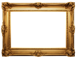 AI generated Golden wooden frame isolated on transparent background, Patterned and Vintage picture frame PNG format, old wide ornamental baroque picture frame