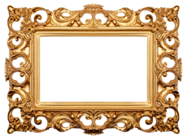 AI generated Golden wooden frame isolated on transparent background, Patterned and Vintage picture frame PNG format, old wide ornamental baroque picture frame