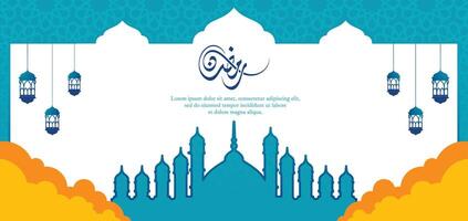 Blue and Orange Islamic Background White with a Text Calligraphy that says Ramadan Kareem vector