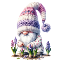 AI generated Lavender Themed Gnome with Hyacinth Flowers png