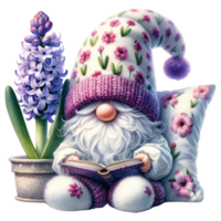 AI generated Lavender Themed Gnome with Hyacinth Flowers png