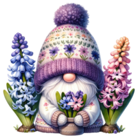 ai generiert Lavendel thematisch Gnom mit Hyazinthe Blumen png