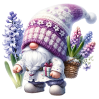 AI generated Lavender Themed Gnome with Hyacinth Flowers png