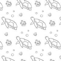 pattern with undersea animal turtle in line art style. Seashell, coral, seaweed, bubbles. Vector illustration on a white background.