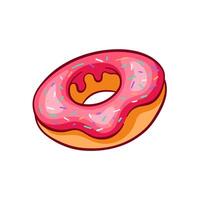 Donut logo with pink glaze and sprinkles in cartoon. Simple design for bakery. Vector illustration isolated on a white background.