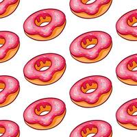 Donut pattern with pink icing in cartoon style. Simple cupcake line design for wallpaper, bakery and cafe menu. Vector illustration on a white background.