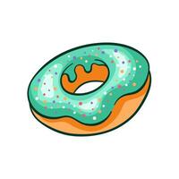 Donut with turquoise frosting and sprinkles in cartoon. Simple line icon for food apps, bakery and cafe. Vector illustration isolated on a white background.