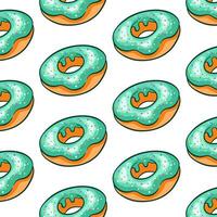 Donut pattern with turquoise frosting and sprinkles in cartoon style. Simple wallpaper line design for food apps, bakery and cafe. Vector illustration on a white background.