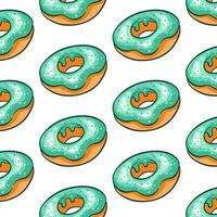 rosquilla modelo con turquesa Crema y asperja en dibujos animados estilo. sencillo fondo de pantalla línea diseño para comida aplicaciones, panadería y cafetería. vector ilustración en un blanco antecedentes.