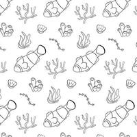 Clown fish pattern in line art style. Undersea life design with coral, fish, seashell and seaweed. Vector illustration on a white background.