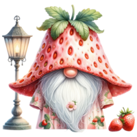 AI generated Whimsical gnome with a strawberry hat and cloak, surrounded by strawberries, in a fantasy illustration. png