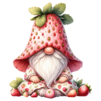 ai generado caprichoso gnomo con un fresa sombrero y capa, rodeado por fresas, en un fantasía ilustración. png