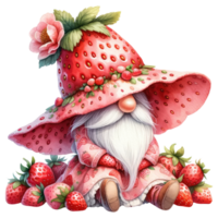 ai generado caprichoso gnomo con un fresa sombrero y capa, rodeado por fresas, en un fantasía ilustración. png