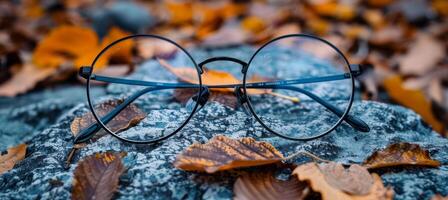 AI generated Urban still life scene showcasing fashionable glasses elegantly positioned on the city sidewalk photo