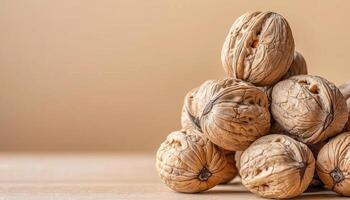 AI generated Assorted nuts on neutral background with ample space for versatile text messages photo