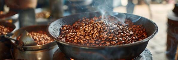 AI generated Freshly roasted aromatic coffee beans on modern coffee roasting machine for rich flavor photo