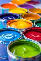 AI generated Assortment of vibrant paint cans in various colors displayed on a diverse and lively background photo