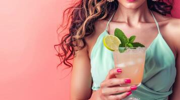 AI generated Hand holding lemonade glass on pastel background with ample copy space for text placement photo