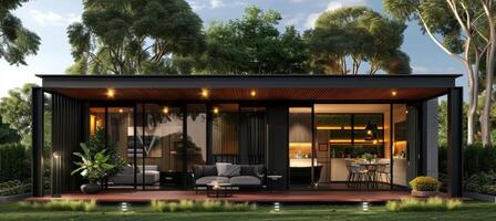 AI generated Contemporary black loft house displays steel frame pavilion and breathtaking natural scenery photo