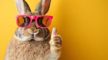 AI generated Cool easter bunny in sunglasses giving thumbs up on pastel background with copy space photo