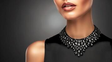 AI generated Elegant woman in black dress and necklace in studio setting with ample space for text placement photo