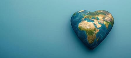 AI generated Heart shaped globe on blue background for earth day with space for text, eco friendly concept. photo