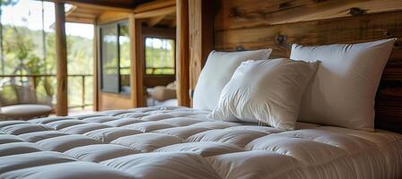 AI generated Detailed view of white mattress protector on a neatly made bed for enhanced search relevance photo