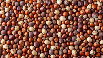 AI generated Assorted nuts in natural pattern, top view background for creative projects and design inspiration photo