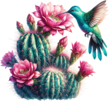 ai generado colibrí y cactus acuarela estilo ilustración png