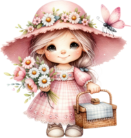 ai generiert wenig Mädchen mit Frühling Blumen und Picknick Korb Illustration png