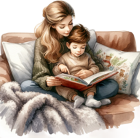 ai gerado acolhedor mãe e criança lendo Tempo clipart png