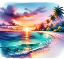 AI generated Tropical Beach Sunset with Palm Trees Illustration png