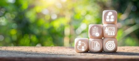 Career concept, Wooden block on desk with career icon on virtual screen. photo