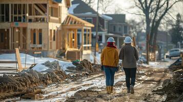 ai generado dos construcción trabajadores en difícil sombreros caminar mediante un lodoso residencial construcción sitio, evaluando el edificio progreso. foto