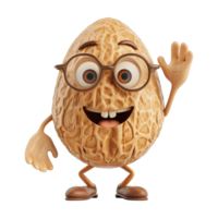 AI generated A cartoon peanut character wearing glasses and making a comical face expression while raising its hand, resembling a gesture seen in school settings. png