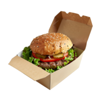 ai generiert ein köstlich Cheeseburger mit Kopfsalat, Tomaten, Gurken, Käse, und Sesam Samen Brötchen vorgestellt im ein öffnen umweltfreundlich braun Mitnahme Kasten, bereit zum Verbrauch. png