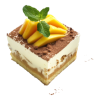 ai generiert ein Scheibe von Kuchen mit ein Grün Blatt auf oben und ein wenige Stücke von Mango auf das Seite png