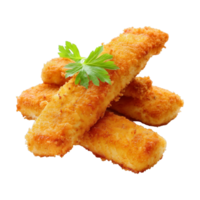 AI generated A stack of crispy fried chicken sticks topped with fresh parsley on a white surface. png